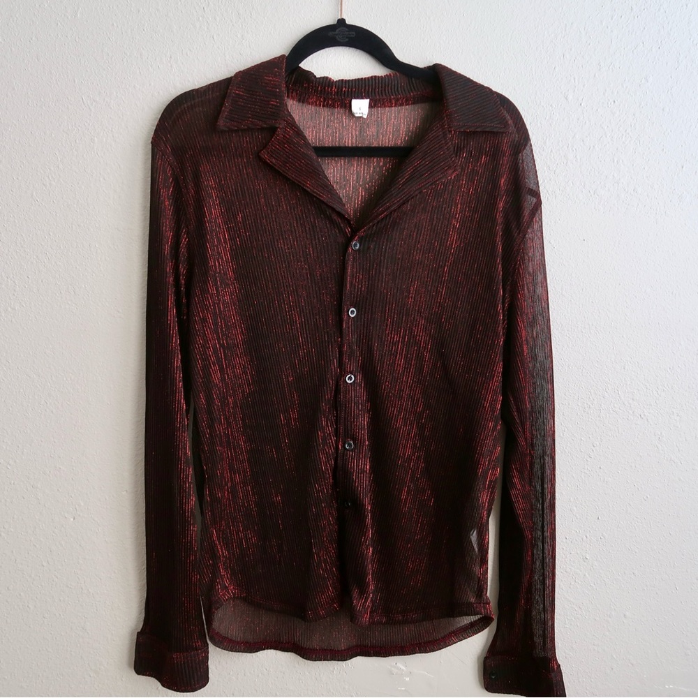 Vintage Sheer Red Metallic Ribbed Button-Up Blouse
